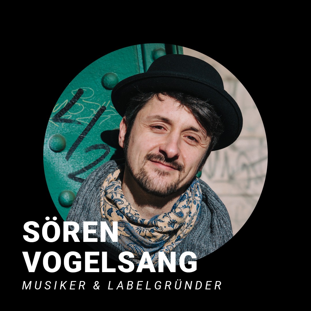 Mann mit Bart und dunklen Haaren. Er trägt einen schwarzen Hut und hat ein buntes Halstuch um und einen Mantel an. Schriftzug: Sören Vogelsang, Musiker und Labelgründer
